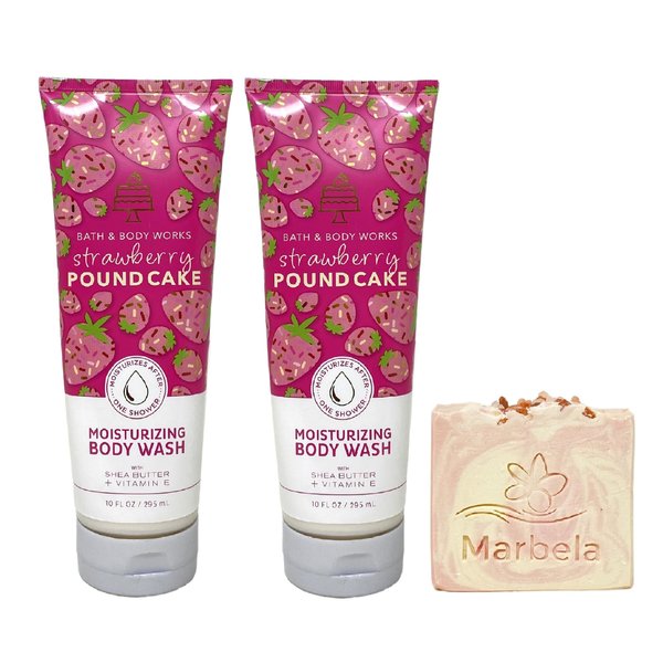 Bath & Body Works Strawberry Pound Cake 2 Pack Moisturizing Body Wash Bundle with a Himalayan Salts Springs Bar Soap - Full Size