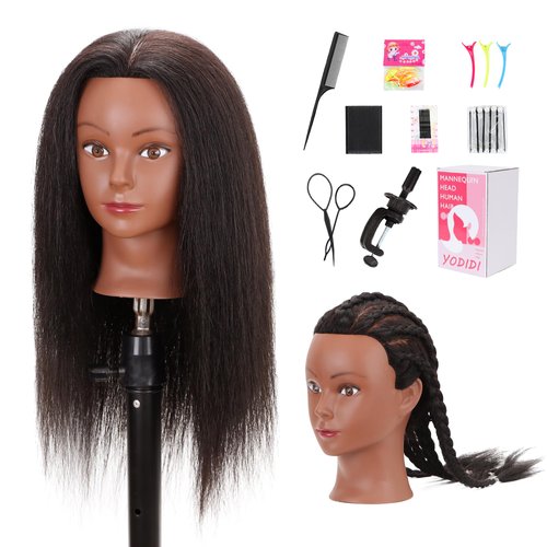YODIDI Mannequin Head Human Hair, Manikin Head with 100% Human Hair Cosmetology Doll Head for Hairdresser Practice Braiding Hair Styling with Table Clamp Stand and Tools (16 Inch)