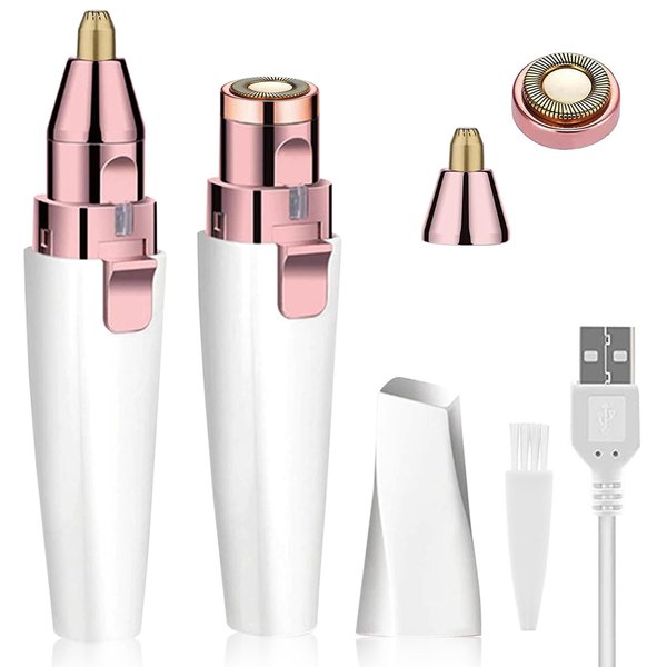 Facial Hair Remover for Women, Eyebrow Trimmer Nose Hair Razor 2-in-1, Mini Bikini Razor Precise Shaper, Portable Rechargeable Epilator for Lips, Body, Cheeks, Chin, Arms, Legs, Peach Fuzz (White)