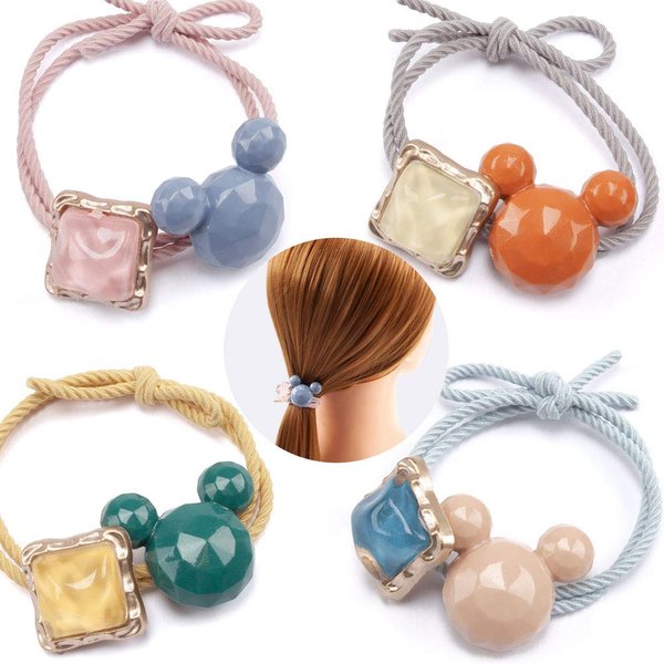 Womens Girls 4 Pack Colorful Acrylic Cartoon Character Balls Elastic Hair Ties Rings Ponytail Holder Hair Accessories (Multi)