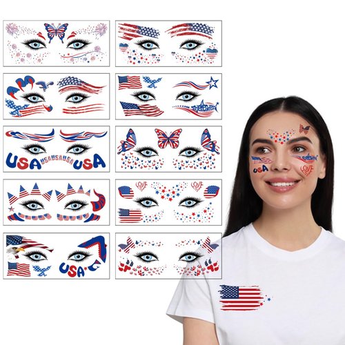 4th of July Temporary Tattoos, 10 Sheets Independence Day Face Tattoos Stickers American Flag Red White & Blue Design Temporary Tattoos Sticker Patriotic Theme Memorial Day Decoration Party Supplies