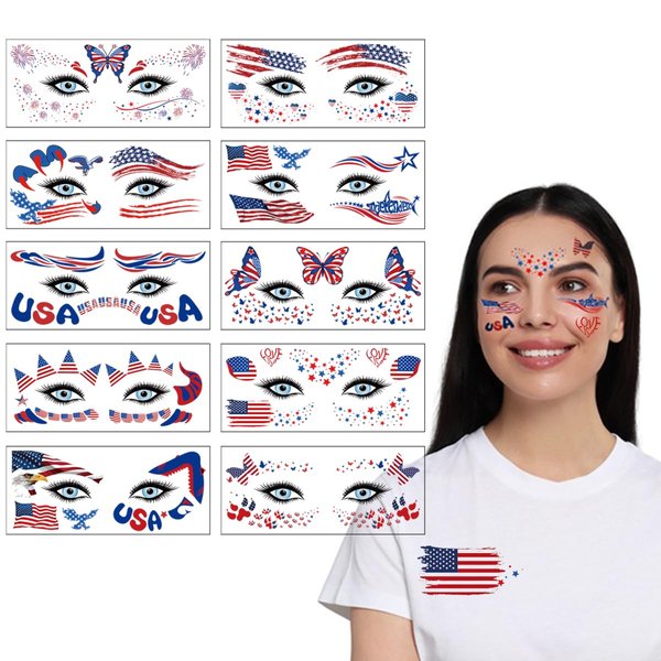 4th of July Temporary Tattoos, 10 Sheets Independence Day Face Tattoos Stickers American Flag Red White & Blue Design Temporary Tattoos Sticker Patriotic Theme Memorial Day Decoration Party Supplies