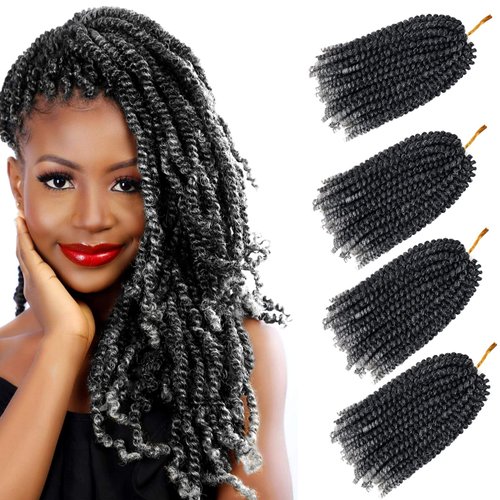 Spring Twist Hair 12 Inch YEBO 4 Packs Ombre Colors Synthetic Braiding Hair Extensions for Woman(12 Inch-4pcs, T1B/ GRAY)