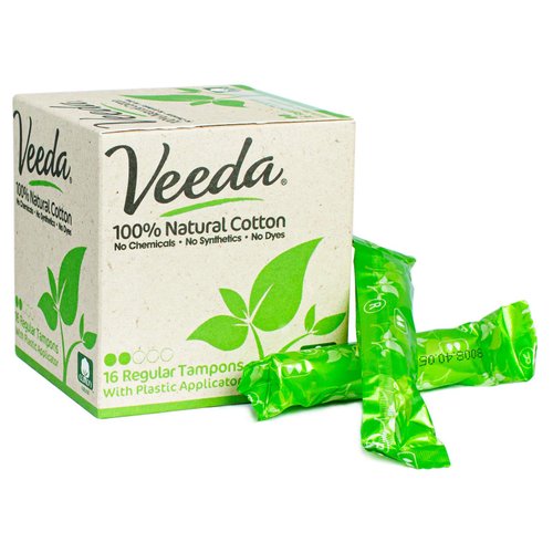 Veeda 100% Natural Cotton Compact BPA-Free Applicator Tampons Chlorine, Toxin and Pesticide Free, Regular, 16 Count