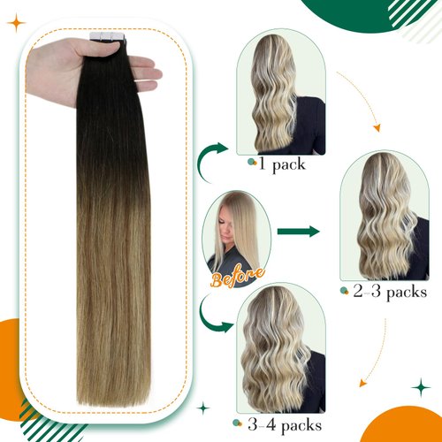 Easyouth Hair Extensions Tape in Human Hair Ombre Black to Medium Brown Mixed Blonde Tape in Extensions Human Hair Seamless Glue in Hair Extensions Ombre 18Inch 20pcs 40g