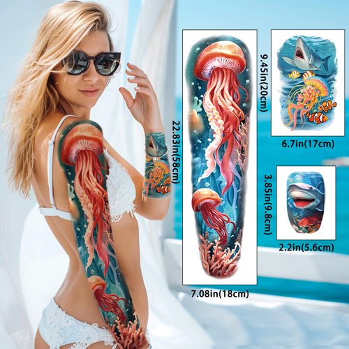 46 Sheets Temporary Tattoo for Men Women, 8 Full Arm Shark Dolphin Fake Tattoos, 8 Half Arm Ocean Jellyfish Turtle Fish Fake Tattoos, 30 Tiny for Adults Kids Body Tattoos Stickers Waterproof Realistic
