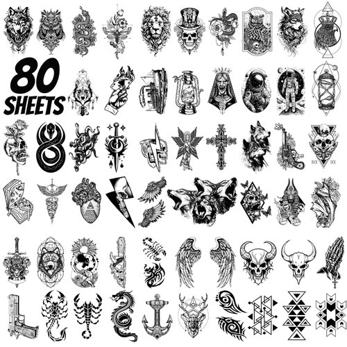 winthrop 80 Sheets Tiny Temporary Tattoos for Adult – Black Theme Waterproof Body Art Realistic Tattoos Stickers, Include Lion Wolf Tiger Owl Skeleton Skull