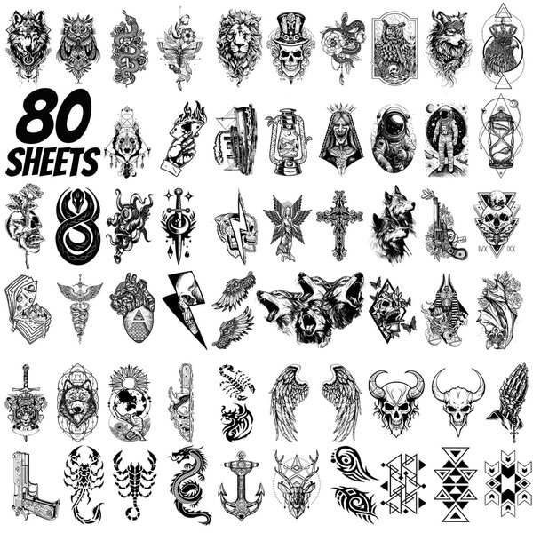 winthrop 80 Sheets Tiny Temporary Tattoos for Adult – Black Theme Waterproof Body Art Realistic Tattoos Stickers, Include Lion Wolf Tiger Owl Skeleton Skull
