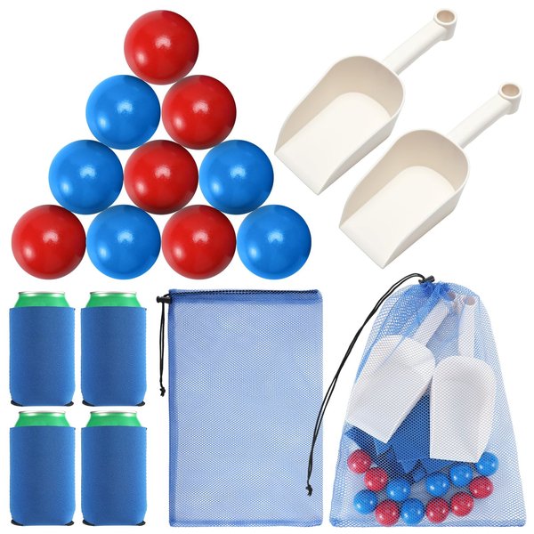 RoundFunny Outdoor Beach Toss Game Set Beach Accessories and Must Haves 12 Beach Balls 2 Plastic Sand Beach Shovels 4 Cup Sleeves 1 Mesh Ball Bag for Family Adult Friends Summer America's Games