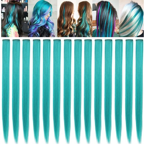 FAIRY COLOR 12PCS Colored Hair Extensions, Multi-colors Party Highlights Clip in Heat-Resistant Synthetic Hair Extensions 21 inch (Teal)