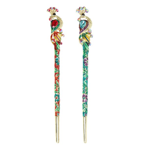 Opexicos 2Pcs Retro Women Enamel Crystal Peacock Hair Stick Hairpin Chinese Style Handmade Hair Accessories