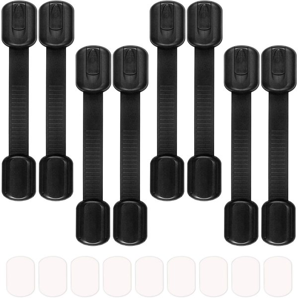 8 Pack Black Child/Baby Safety Cabinet Locks - Maveek Adjustable Strap Baby Proof Latches with No Trapped Fingers for Cupboard/Drawers/Closet/Toilet Seat/Oven and Fridge, Free 9 Extra Adhesive Pads