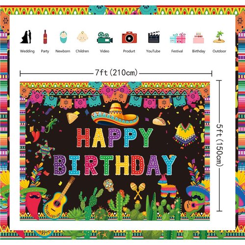 Mexican Happy Birthday Backdrop Mexico Fiesta Themed Cactus Taco Photography Background for Colorful Carnival Bday Party Decorations Banner (82x59 inch (7x5FT))