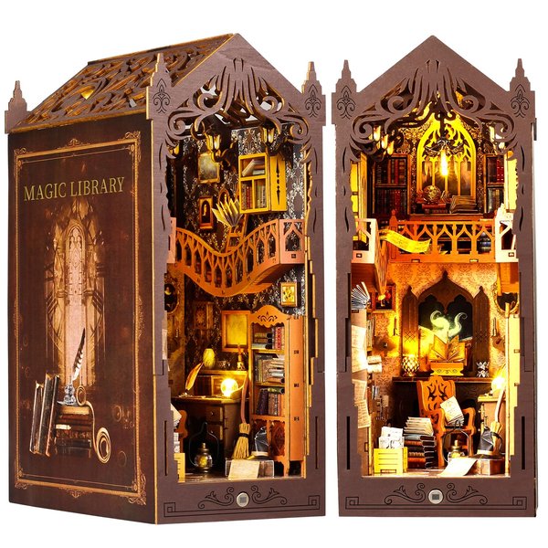 TuKIIE DIY Book Nook Miniature Kit, Booknook Dollhouse Bookshelf Insert with Sensor Light & Dust Proof, Wooden Decorative Bookend Stand Model Kits for Kids Teens Adults(Magic Library)