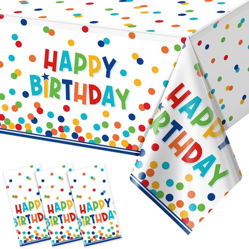 3 Pack Happy Birthday Plastic Tablecloth Decorations,Disposable Colorful Polka Dots Table Cloths,Rectangle Waterproof Table Cover for Girls Boys Birthday Baby Shower Party Decorations,54x108 Inch