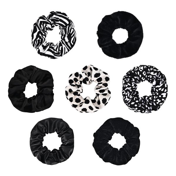 Yonchic 7-Piece Zebra Leopard Print Polka Dot Leather Velvet Solid Scrunchies for Women Girls, No Damage Elastic Hair Ties, Bulk Ponytail Holder Hair Bands, Rubber Band Hair Accessories (Black)