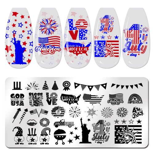 JERCLITY 6pcs 4th of July Nail Stamping Plates Independence Day Nail Stamping Kit Patriotic American Flag Stars Statue of Liberty Image Plates Nail Art Design Template Print Nail Stamper Kit for Women