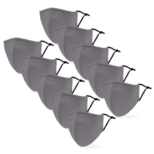 WEDDINGSTAR 10 Pack Adult 3-Ply Washable Cloth Face Mask Reusable and Adjustable with Filter Pocket - Grey