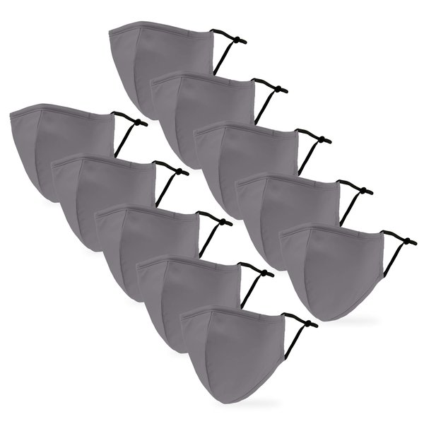 WEDDINGSTAR 10 Pack Adult 3-Ply Washable Cloth Face Mask Reusable and Adjustable with Filter Pocket - Grey