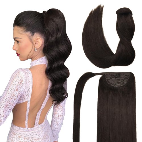 DOORES Hair Extensions Ponytail Extension Clip in Dark Brown 18 Inch 80g Hair Extensions Ponytail Hair Extensions Wrap Around Remy Human Hair Ponytail with Magic Paste Straight