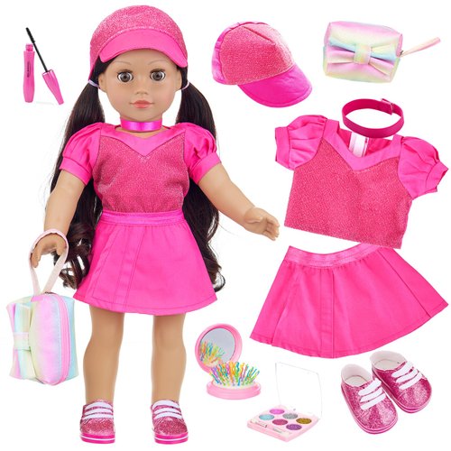 UNICORN ELEMENT American 18 Inch Doll Clothes and Accessories Makeup Sets, Doll Outfit Dress for 18 Inch Girl Dolls, Cosmetic Bag Including Eye Shadow, Mascara, Comb, Shoes, Hat (Doll No Included)
