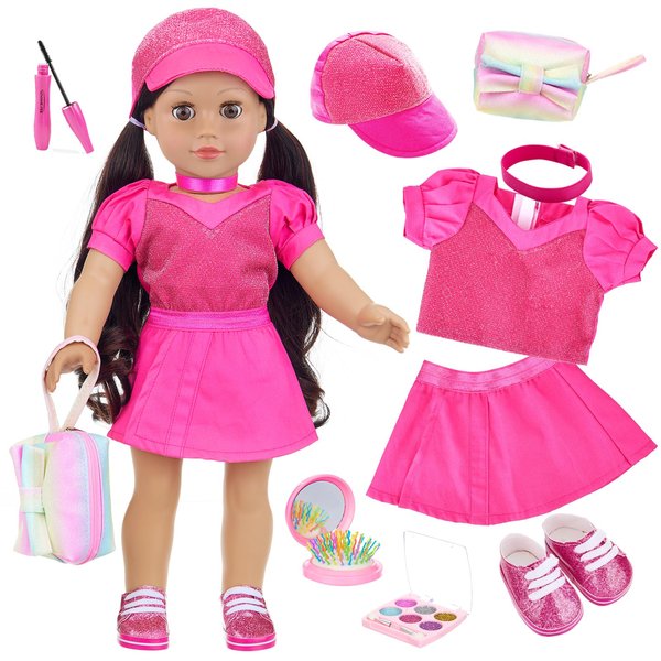 UNICORN ELEMENT American 18 Inch Doll Clothes and Accessories Makeup Sets, Doll Outfit Dress for 18 Inch Girl Dolls, Cosmetic Bag Including Eye Shadow, Mascara, Comb, Shoes, Hat (Doll No Included)