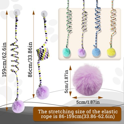 Andiker Cat Spring Toy, Self-Play Stretchable Door Hanging Cat Toy with Bell for Indoor Interactive Cat Toy, Soft Plush Ball with Spring Kitten Toy for Cat Kitten Playing Exercising (Green+Purple)