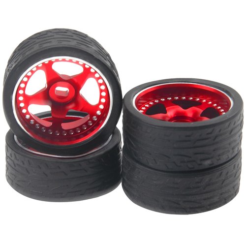 4PCS ShareGoo Metal 1/28 Wheel Rims & Rubber Racing Tires 5-Spoke Compatible with Wltoys K969 K989 P929 Kyosho Mini-Z Mini-Q Mini-D 1/28 RC Car (Red)