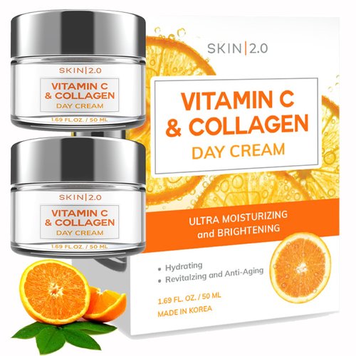 Skin 2.0 Vitamin C and Collagen Daily Face Moisturizer - Dermatologist Tested - Anti-Aging, Skin Tightening, Brightening Day Cream - Korean Skin Care For All Skin Types - 1.69 Fl. oz (2-Pack)