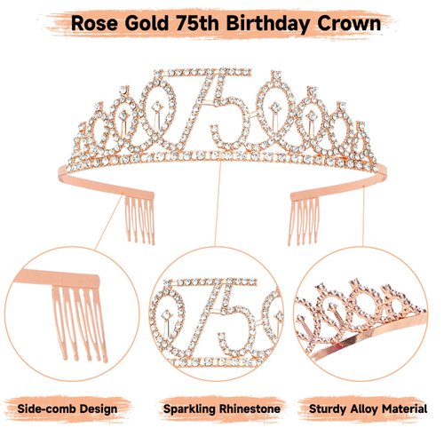 75th Birthday Sash and Crown for Women Rose Gold 75th Birthday Tiara and Sash Set Gifts for Her 75 & Fabulous Sash Birthday Decorations Happy Birthday Crown and Sash Accessories Birthday Gift