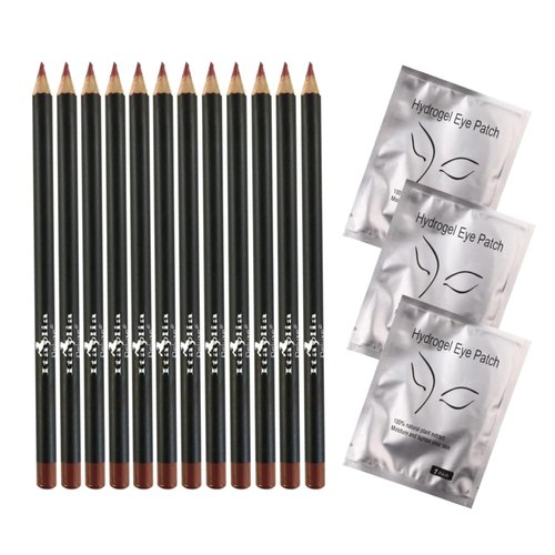 Italia Deluxe 12 pcs Eyeliner Pencil, Ultra Fine, Creamy, High-pigmented, Long-lasting + 3 pair Hydrogel Eye Patch for Lash Extensions (Light Brown)