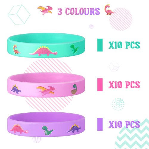 30 Pack Dinosaur Party Favors Dinosaurs Silicone Wristbands Dinosaurs Bracelets Girl Dinosaur Birthday Party Supplies Gifts Bag Stuffer for Pink Dinosaur Theme Birthday Party Supplies 3 Colors
