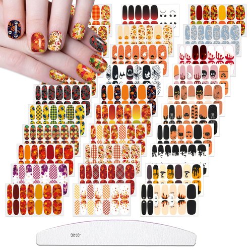 XEAOHESY 30 Sheets Maple Leaf Theme Halloween Stick On Nail Polish Strips with Nail File Nail Stickers Decals Holiday Full Nail Wraps for Women Halloween Nail Art