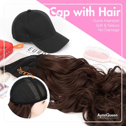 AynnQueen Baseball Cap with Detachable Hair Extensions for Women 21 inch Long Wavy Synthetic Hair with Adjustable Hat Wig Attached Black Baseball Cap (Dark Brown)
