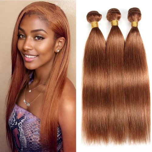 Color 30 Bundles Light Brown Straight Human Hair Bundles 10 12 14 inch Brazilian Virgin Remy Hair Extensions Double Weft Color 30 Straight Bundles Human Hair Weave Light Brown Bundles Human Hair