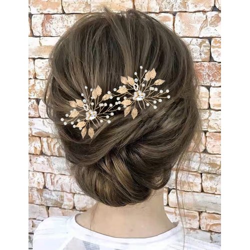 Teyglen 2pcs Bride Wedding Hair Pins Set Gold Leaf Rhinestones Beads Hair Pins Set Bridal Hair Accessories for Bride Gold Crystal Rhinestones Hair Pieces for Women Girls