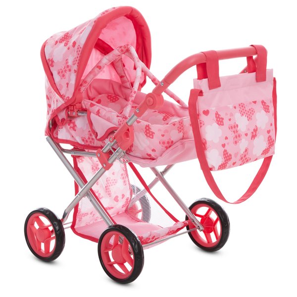 Baby Doll Convertible Pram Stroller with Removeable Travel Bassinet Carrier for Kids Toddlers Play 25 Inch Adjustable Handle Buggy Carriage with Canopy and Storage Basket, Pink