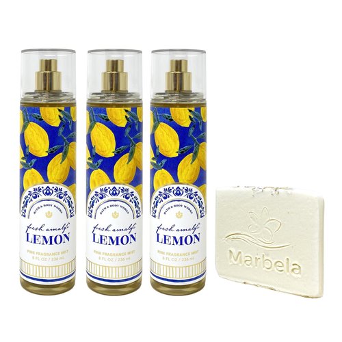 Bath & Body Works Fresh Amalfi Lemon 3 Pack Fragrance Mist Bundle with a Natural Oats Sample Soap - Full Size
