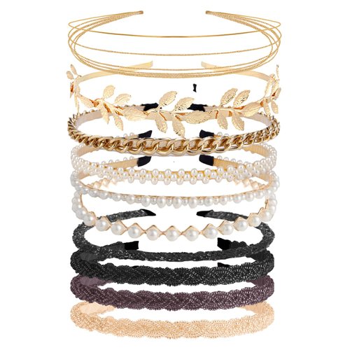 LifeDawn 10Pcs Headbands for Women Girls, Pearl Headbands Beaded Headband Metal Hair Band Rhinestone Head Bands for Women's Hair Chained Hair Hoops Nonslip Bridal Wedding Hair Accessories, Gold