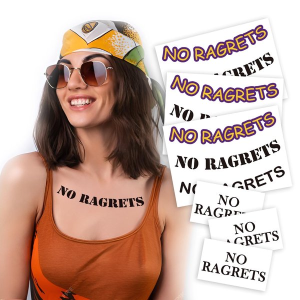 6 Sheets No Ragrets Temporary Tattoos - Funny Phrase Tattoo Stickers for Face, Arm, Body, and Hand