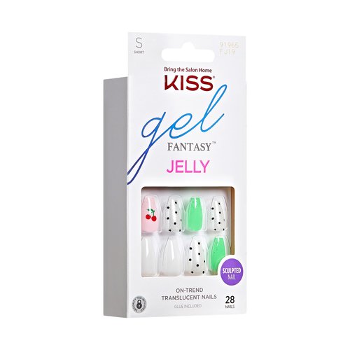 KISS Gel Fantasy, Press-On Nails, Nail glue included, Jelly Baby', Light Multicolor, Short Size, Coffin Shape, Includes 28 Nails, 2g Glue, 1 Manicure Stick, 1 Mini file
