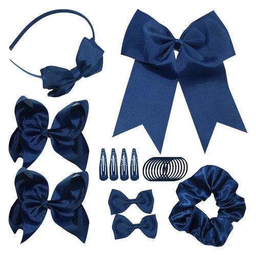 UUYYEO 21 Pcs School Uniform Hair Accessories Grosgrain Ribbon Hair Bows Hair Clips Headband Hair Ties Ponytail Holders for Little Teen Girls Navy Blue