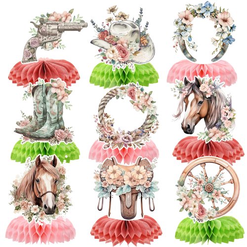 9PCS Horse Party Decorations - Floral Horse Centerpieces for Tables Western Cowgirl Rodeo Party Decor for Girl Birthday Baby Shower Party Supplies
