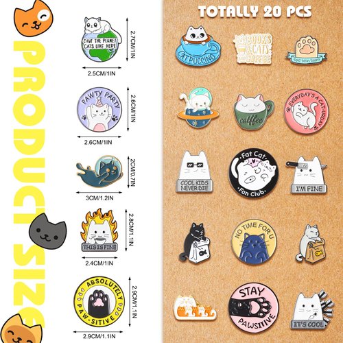 20 Pieces Cat Pins for Backpacks Brooch Pins Bulk Cute Cats Novelty Cartoon Animal Brooch Pins Lovely Mini Lapel Pins for Backpacks Set Badges Clothing Bags Jackets