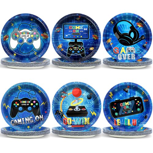 Naozinebi 60Pcs Video Game Party Plates Gaming Party Tableware Set 7Inch Blue Game On Theme Party Decoration Gamer Disposable Dinnerware for Boy Gaming Video Game Game On Birthday Party Supplies