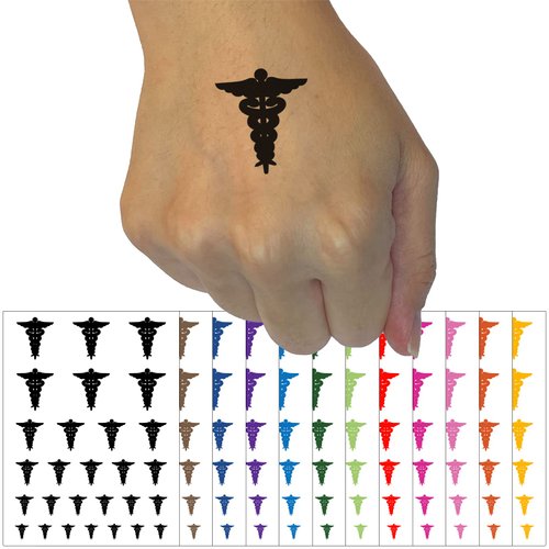 Staff of Hermes Silhouette Caduceus Medical Symbol Temporary Tattoo Water Resistant Fake Body Art Set Collection - Black (One Sheet)