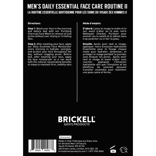 Brickell Men's Daily Essential Face Care Routine II, Purifying Charcoal Face Wash and Daily Essential Face Moisturizer, Natural and Organic, Unscented, Skincare Gift Set