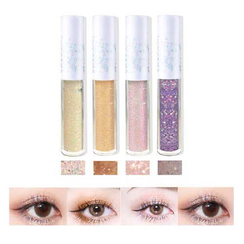 KWOLYKIM 4 Pack Liquid Glitter Eyeshadow, Long Lasting, Quick Drying, Easy to Apply, Loose Bling Glitter Diamond Pigmented Glue for Eye Crystals Makeup (Sparkling Sequins)