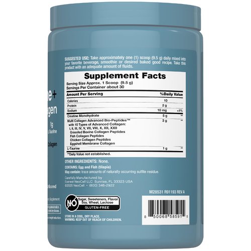 NeoCell Creatine Monohydrate Powder | 30 Servings | with Multi Collagen Peptides | Unflavored | for Women and Men