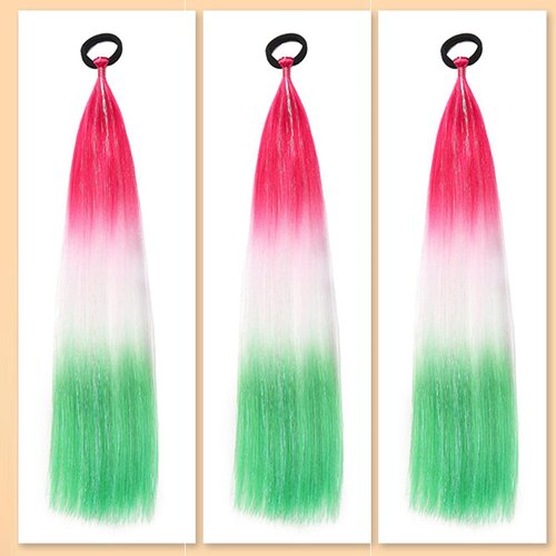 Newshair Colorful Ponytail Extension with Hair Tie, 24 inch Ombre Braid Ponytail Blend Hair Tinsel for Holiday Party Rainbow Festival (50g 3 Packs #Red/White/Green)